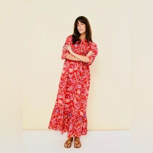 Red Paisley Print Cotton Boho Maxi fair trade vegan Button Down Dress